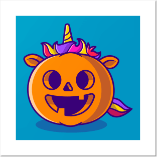 Cute Unicorn Pumpkin Halloween Cartoon Posters and Art